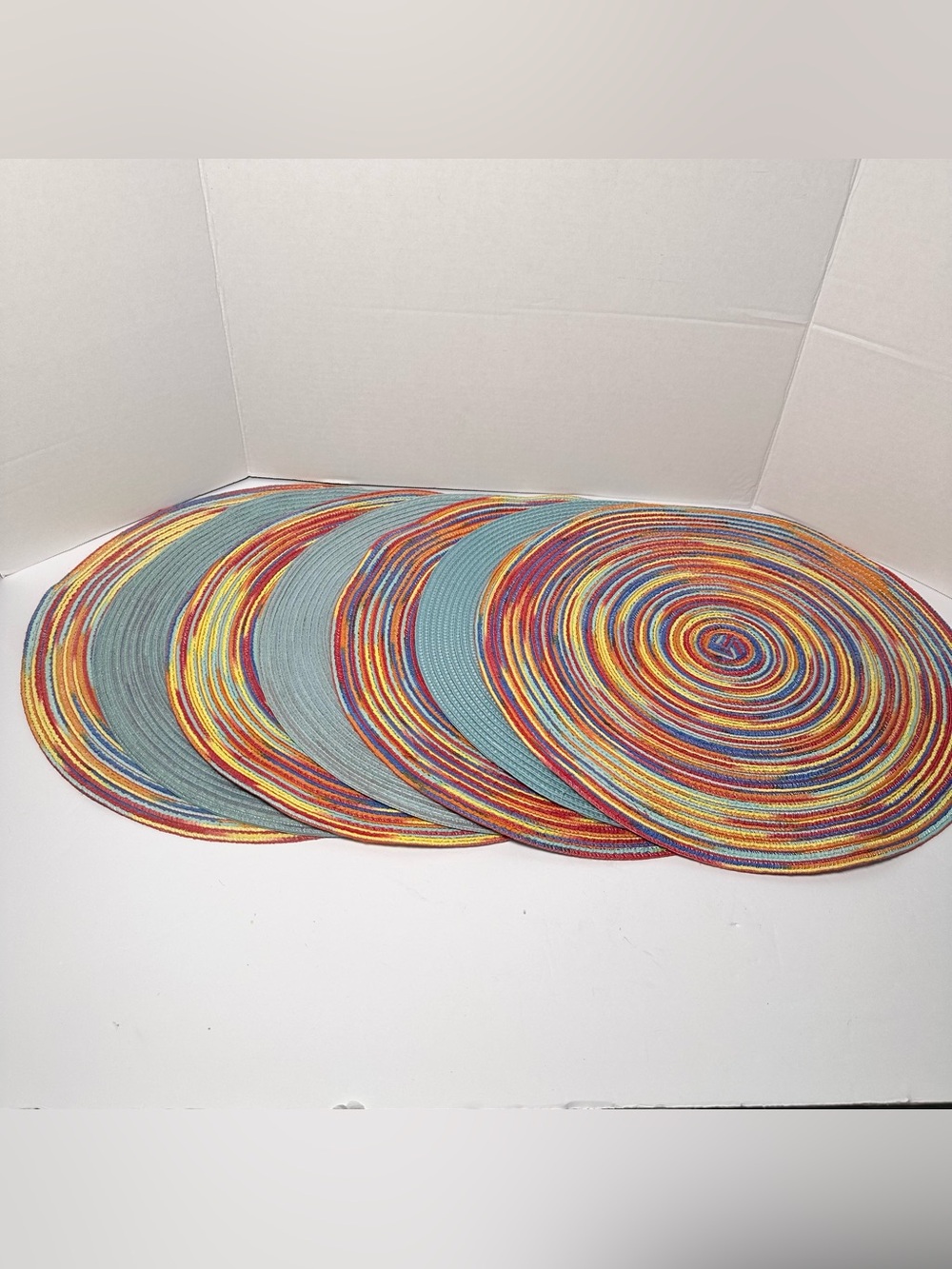 Pier 1 Imports Mesa Placemat Set-7-Round Braided Spiral Multicolor Teal Boho